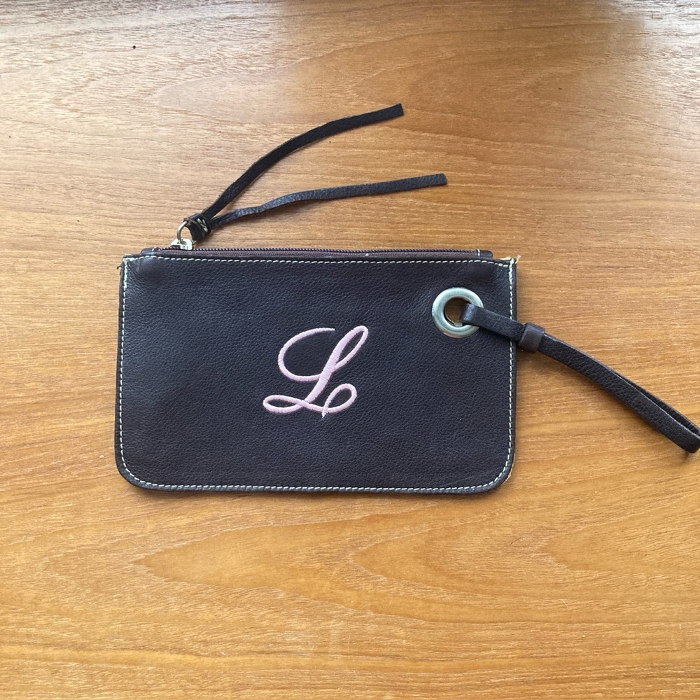 ROOTS Vintage Monogram L Brown Leather Wristlet Pouch